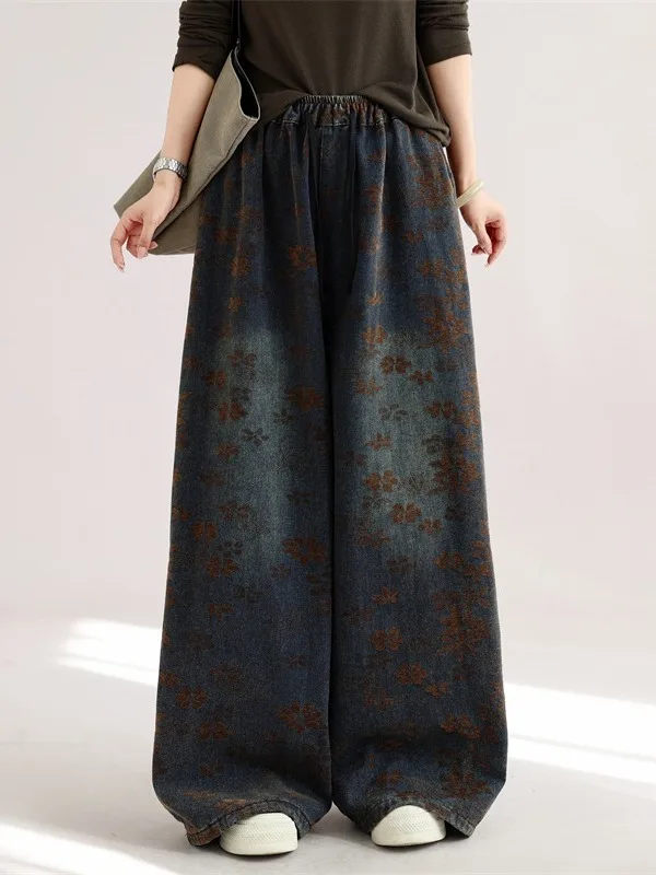 Retro Embroidered Large Size Jeans Women's Casual Straight Leg Long Pants Loose Waist Comfortable Autumn Fashion Ladies' Denim