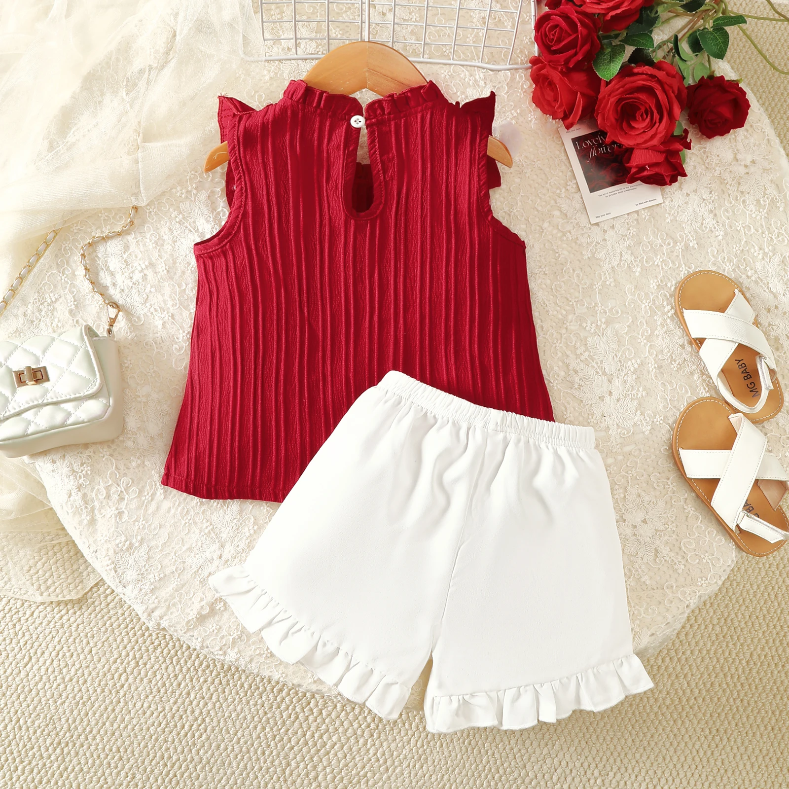 2PCS fashion and sweet new summer suit suitable for 4-7Y girls red ruffled sleeveless top+white shorts small fresh casual wear
