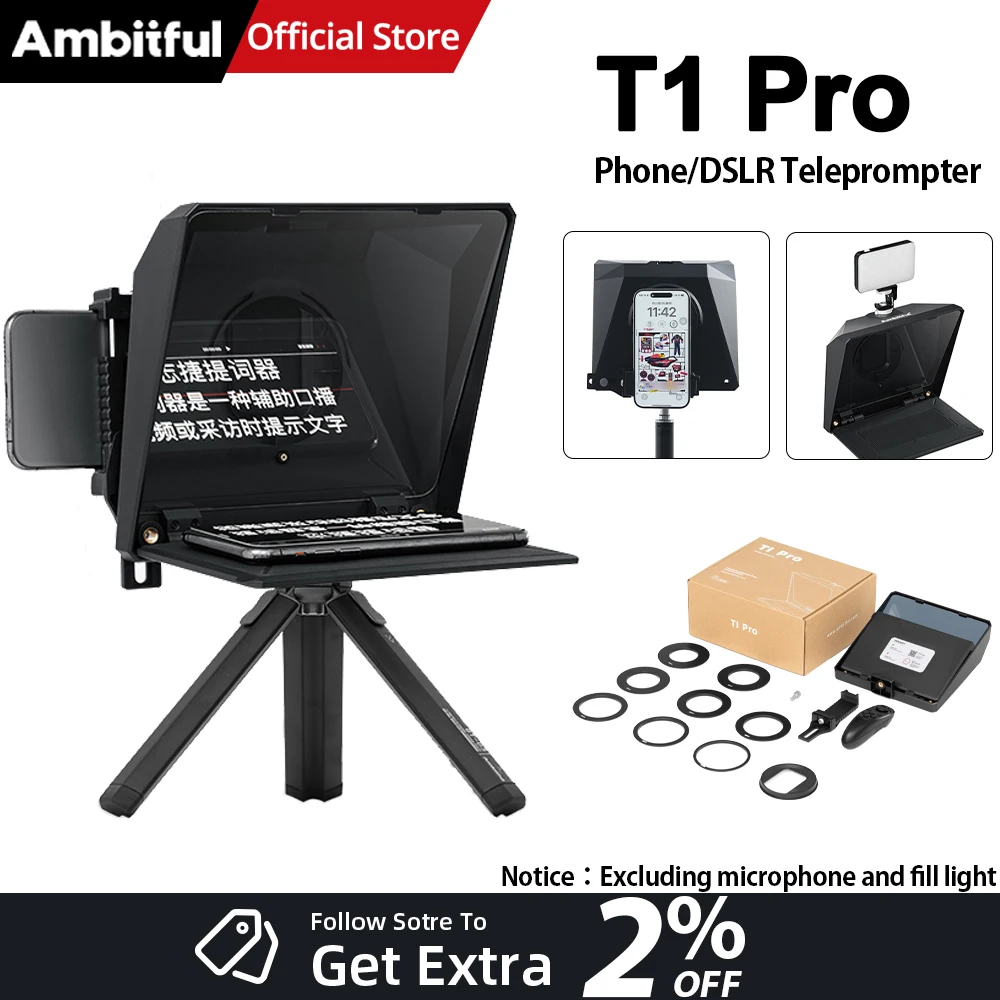 アップグレードされたambitful-t1-pro-dslrカメラフォン録画用ミニテレプロンプター、リモコン付き三脚、1-4ネジ、ホットシューマウント