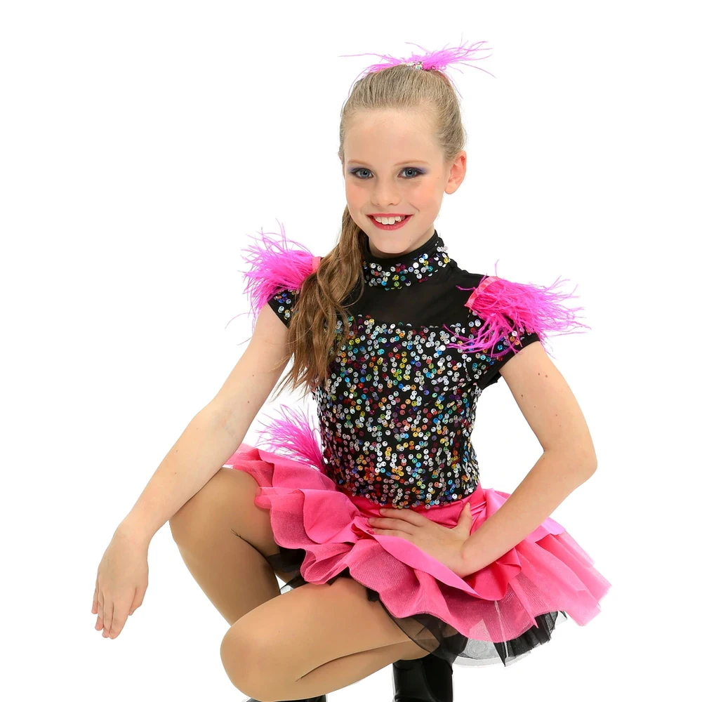 Kids Jazz Dance Costume Customized Ostrich Feather Trimmed Dress for Girls