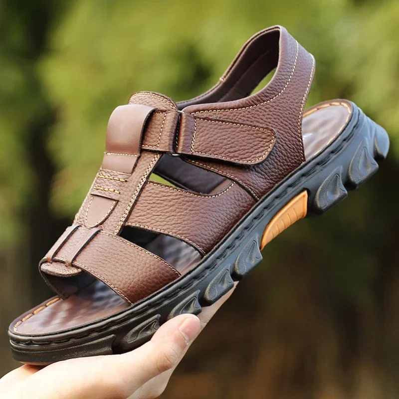 

2025 New Men's Beach Shoes Fashionable Outdoor Thick-soled Genuine Leather Sandals Wear-resistant Non-slip Slippers Mens Sandals