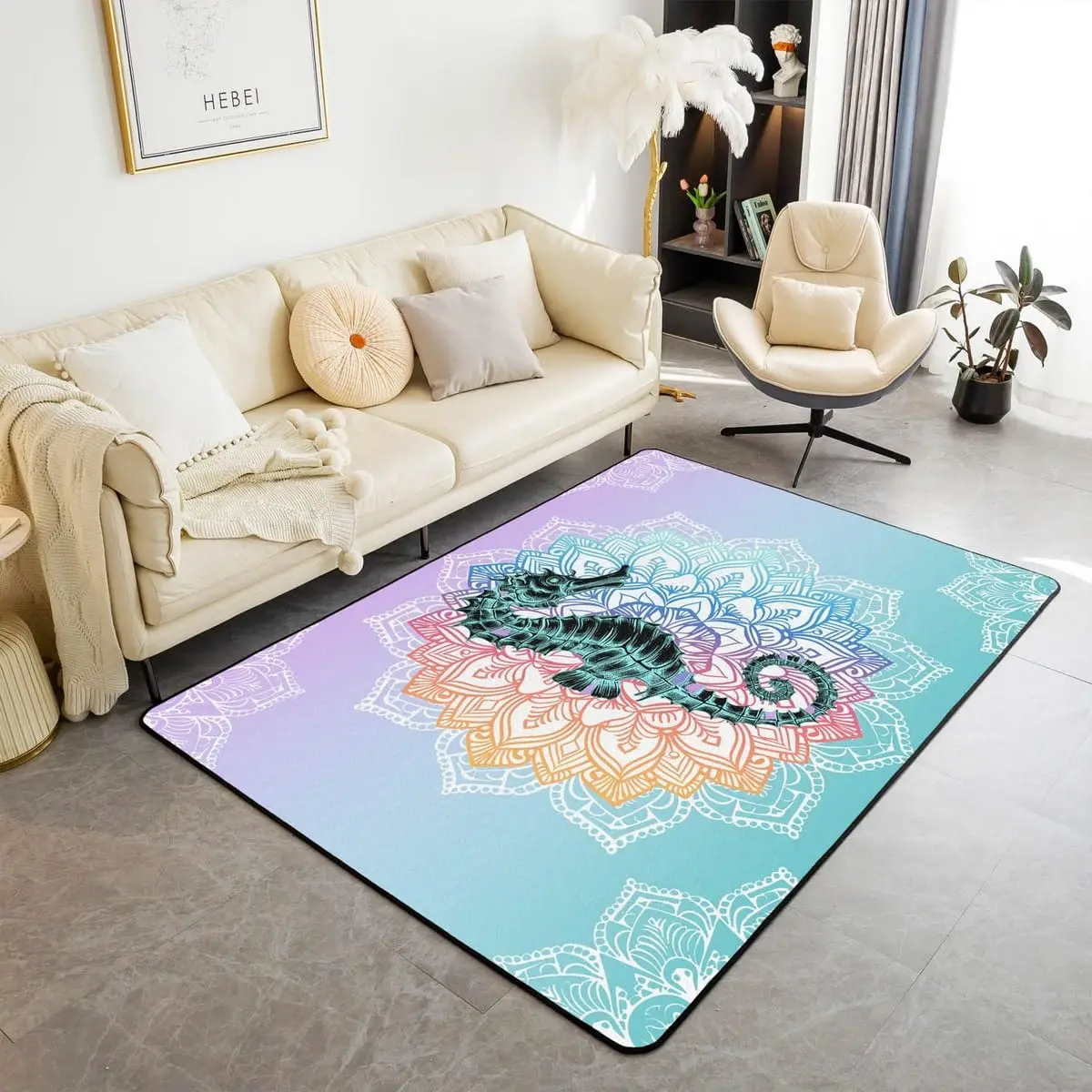 Kleurrijke Mandala Oceaan Dier Tapijt, Boho Bloem Zeepaardje Tapijt Zomer Exotisch Ombre Geometrische Vloermat Voor Woonkamer Decor