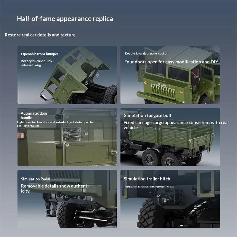 Hongyan CQ261 1/10 Maßstab 6x6 RC Militär-LKW Vollproportionales Simulationsmodell mit Komplettem Beleuchtungssystem