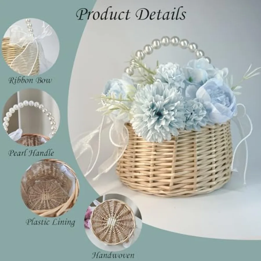 Flower Girl Basket Set of 2 Handwoven Small Flower Basket with Pearl Handle Ribbon Bow Plastic Liner for Flower Girl Wicker Rat