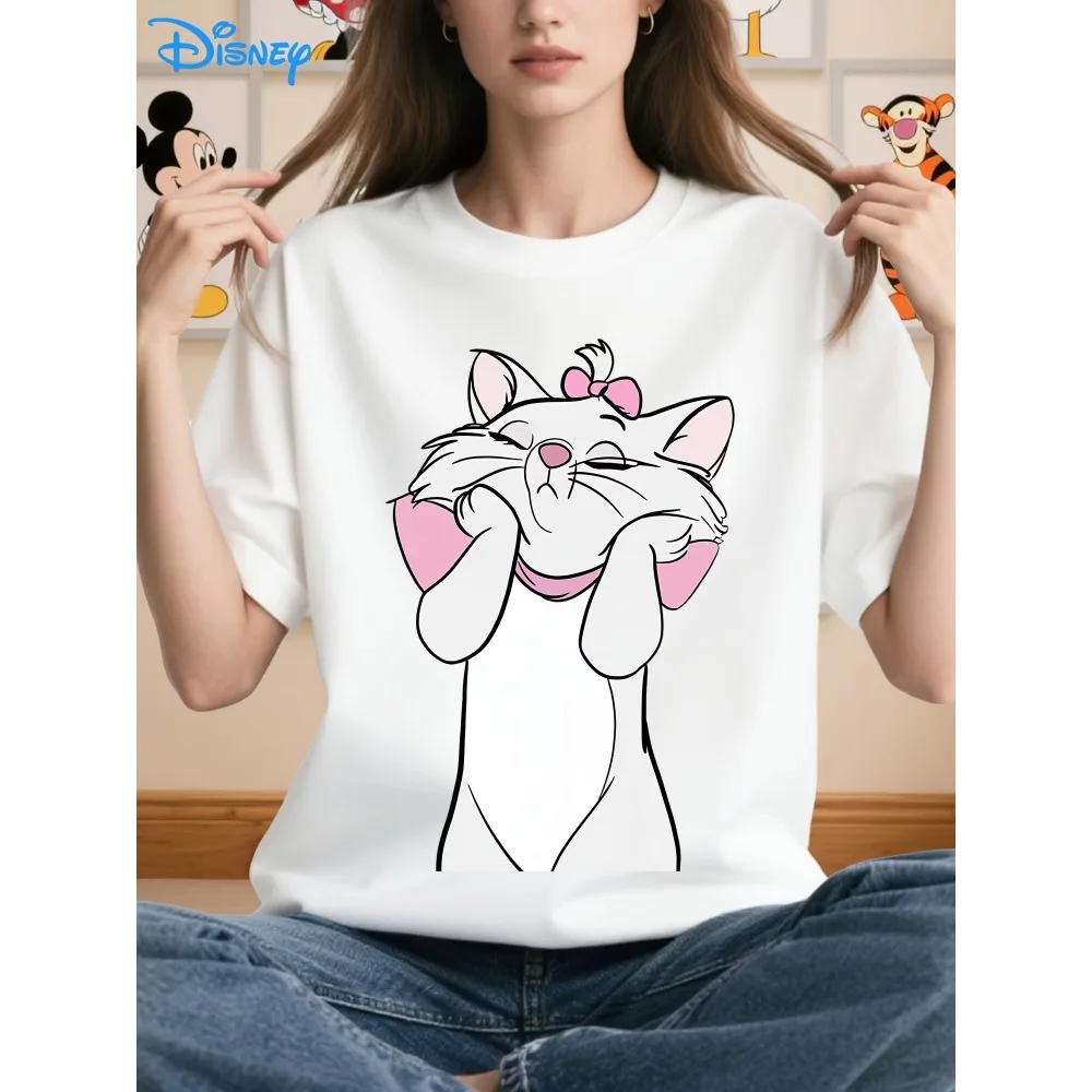 تي شيرت ديزني وايت كات مع فيونكة وردية ونمط ميني ماوس معانقة وجه قطة ناعمة برقبة دائرية وأكمام قصيرة من القطن الكاجوال #1