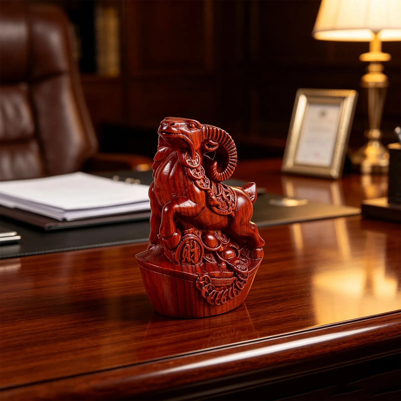 Wooden Chinese Sheep Statue 4.5in Carved Year of The Goat Fengshui Sculpture Prosperity Decor for Desktop Tabletop