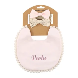 Personalized Cotton Baby Bib Set with Bow Headband Infant Feeding Burp Cloth Custom Saliva Towel Newborn Shower Gifts