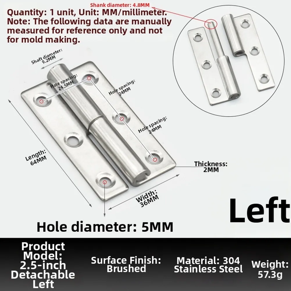 Left Hand 2.5 Inch Detachable For Lift Off Flag Hinges 304 Stainless Steel 6 Pcs Set for Residential Commercial and Marine Use