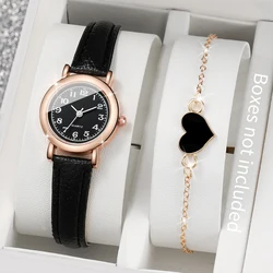 2PCS/Set Fashion Small Dial Women Watches Leather Band Quartz Watch Heart Bracelet Set（Without Box）