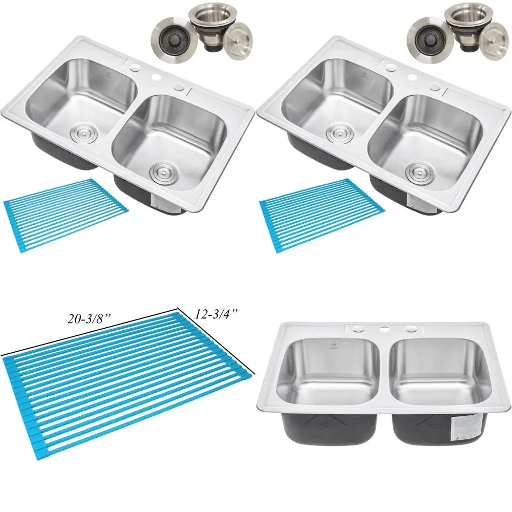 

Кухонная мойка из нержавеющей стали 33x22x9 дюймов (50/50) с двумя чашами, сливным фильтром, силиконовой подставкой и 3 отверстиями для смесителя