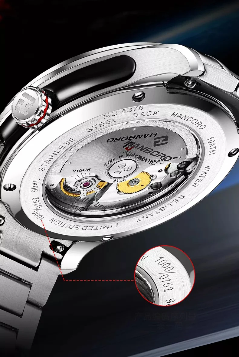 HANBORO メンズ自動腕時計アラーム機械式腕時計 5ATM 防水サファイア発光スケルトンダイヤル