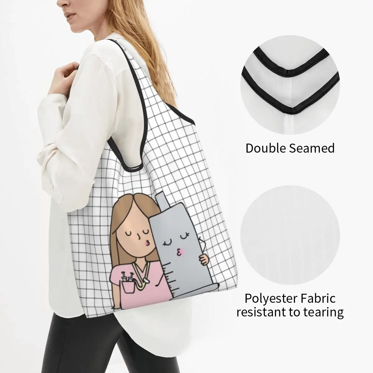 Enfermera En Apuros Nurse Grocery Bag Durable Large Reusable Recycle Heavy Duty Shopping Eco Bag Washable Attached Pouch