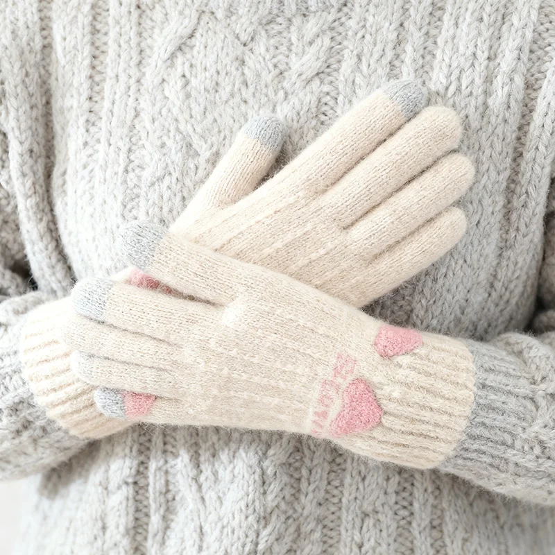 Korean Cat's Ears Cute Knitted Gloves Women Thickened Warm Touch Screen All Finger Gloves Soft Skin Friendly Splice Color Gloves