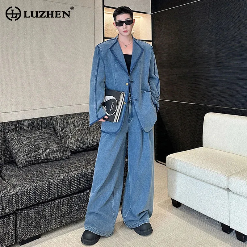 LUZHEN 2025 Autumn Stylish Elegant Two-piece Sets Men's Original Blazer Denim Jacket High Quality Loose Straight Jeans JY4450