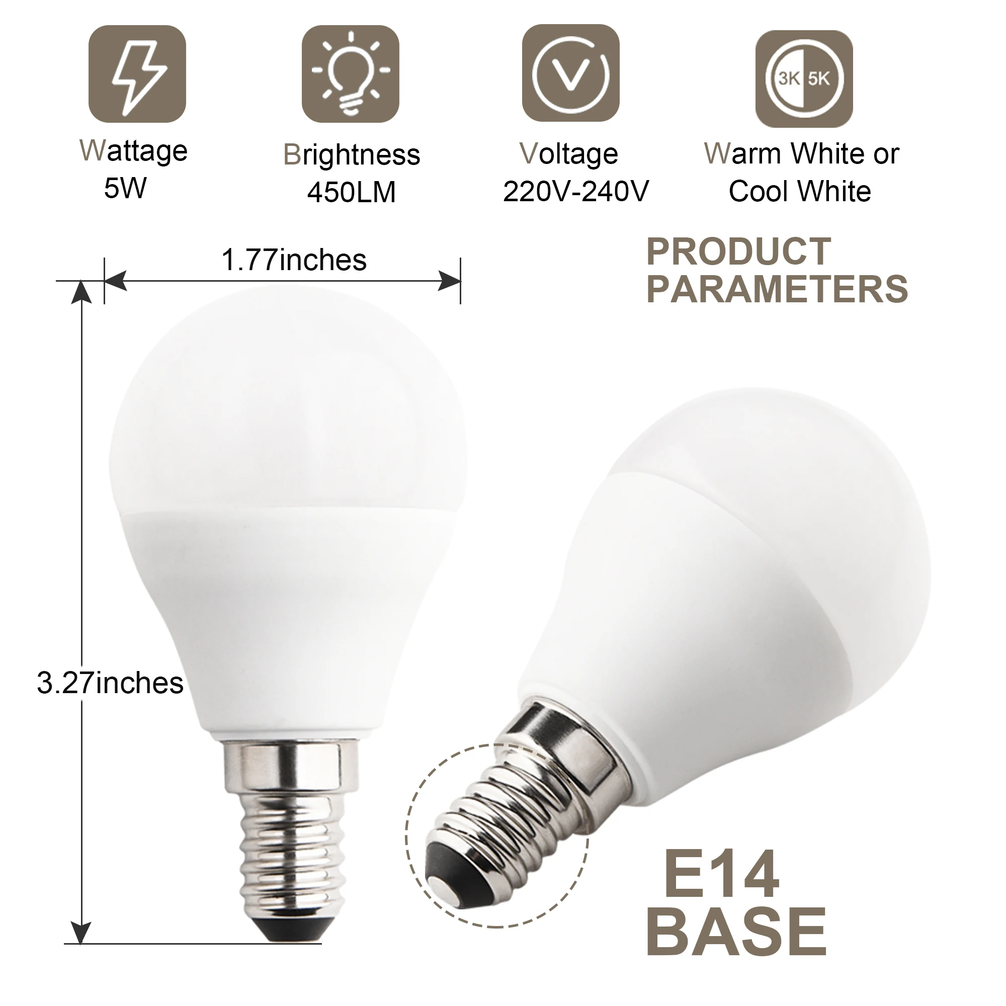 Bombillas LED E14 regulables, blanco cálido/blanco de día, 3000K/5000K, 5W, P45, bombilla pequeña de bola de tornillo Edison CRI85 450LM, paquete de