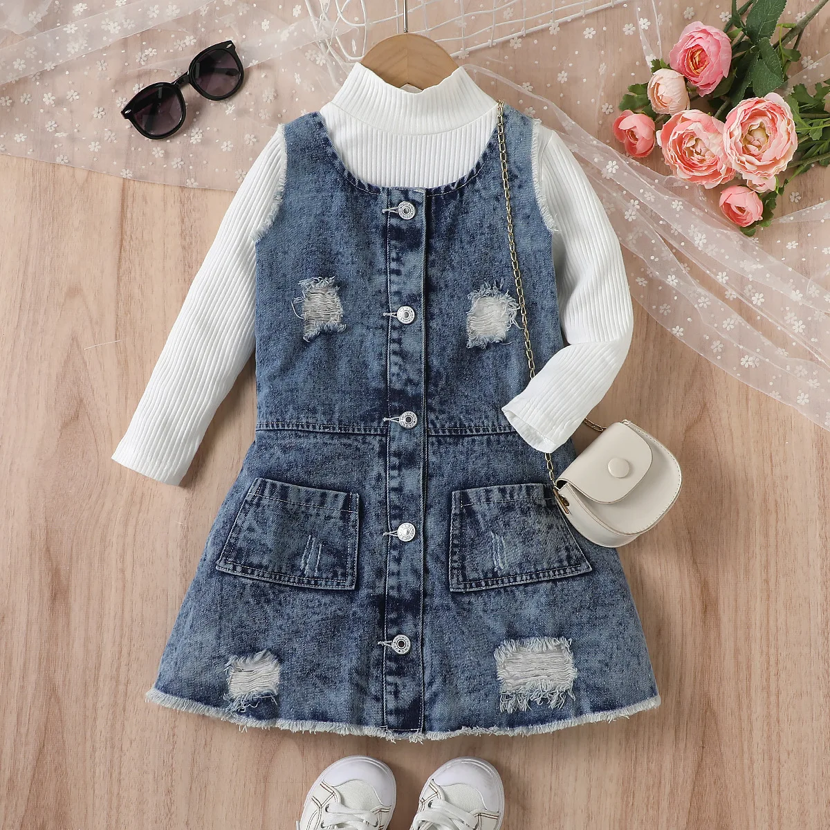 

Girls Denim Dresses Suit Spring Autumn 2024 Children Long Sleeve T-shirts Dress 2pcs Fashion Outfits For Baby Clothes Kids 4 5Y