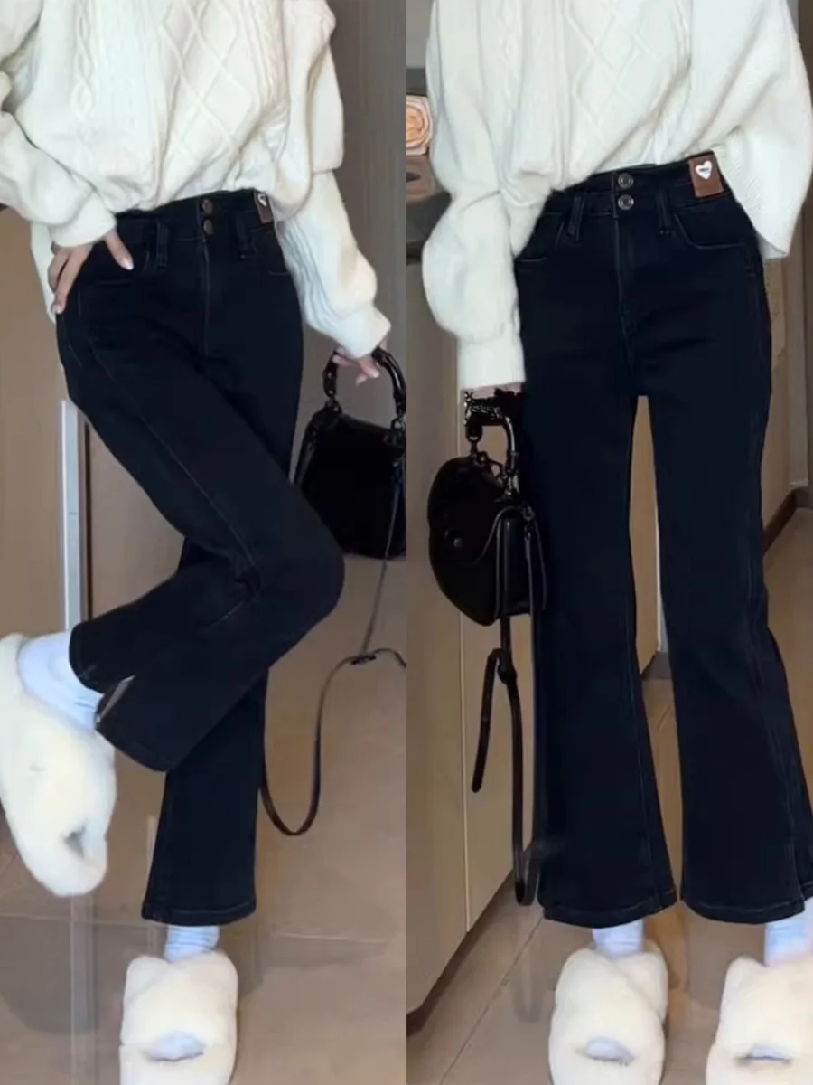 

Расклешенные джинсы с высокой талией, женские осенне-зимние новые большие размеры, толстые мм, с открытым разрезом, колокольчики, девять укороченных брюк глубокого цвета