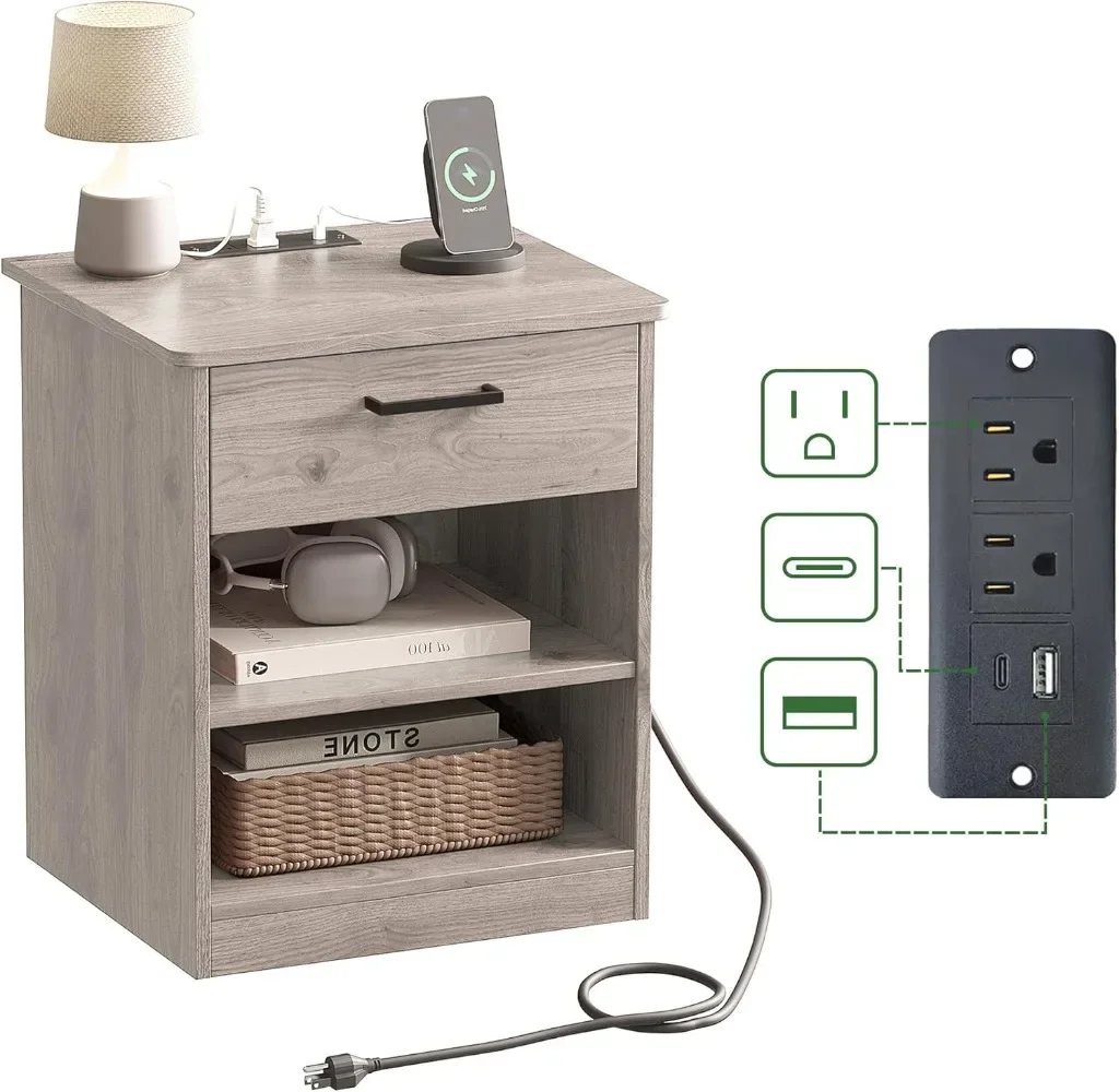 

Everyday Side Table with Fast Charging Station - USB C Cable Fast Charging, Wooden Grey Nightstand Bedside Table with Drawer