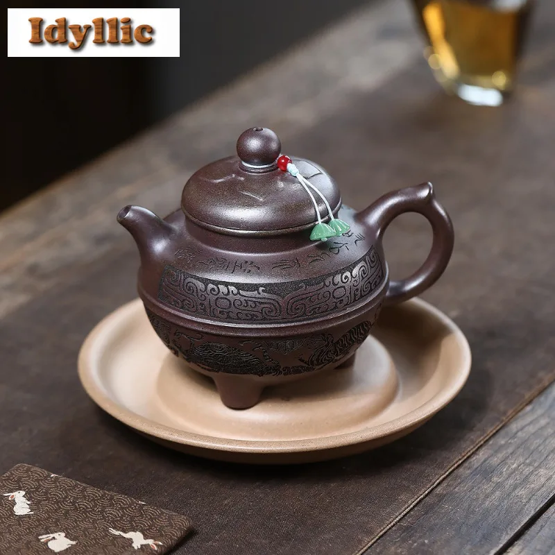

370ml Exquisite Yixing Purple Clay Teapots Handmade Tripodia Pot Raw Ore Wood-fired Porcelain Mud Kettle Zisha Tea Set Tea Craft