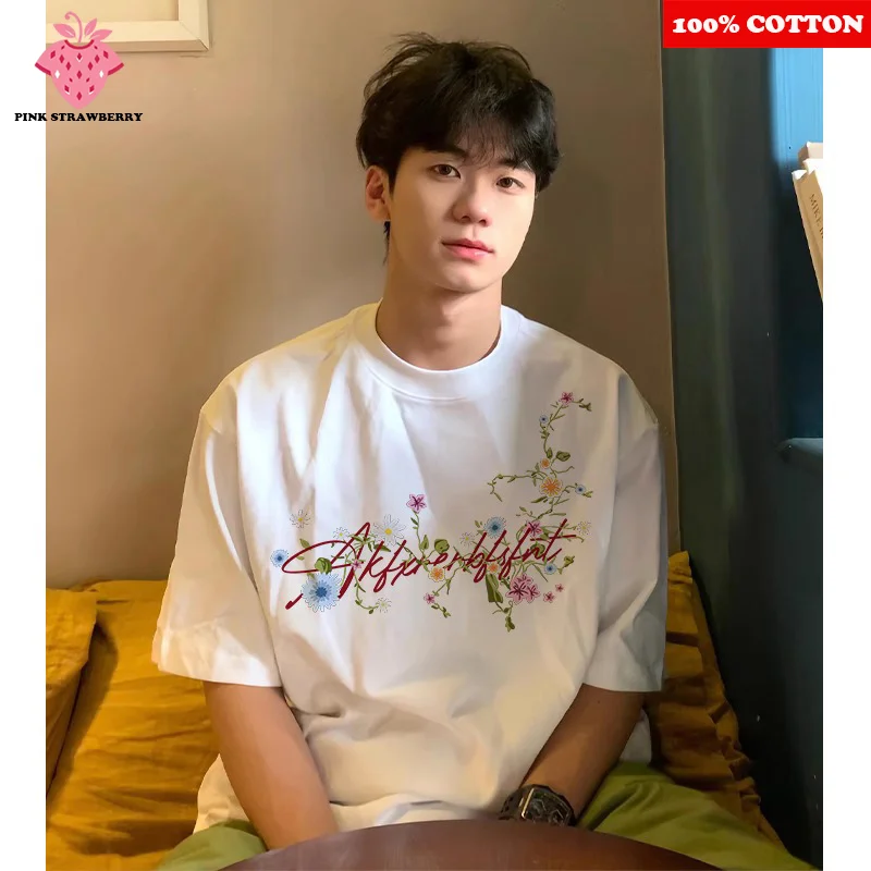 

American style Street White T-shirt Men Summer 2025 New 100% Cotton Flower Print Tee Loose Casual Y2k Top Youth Male clothing