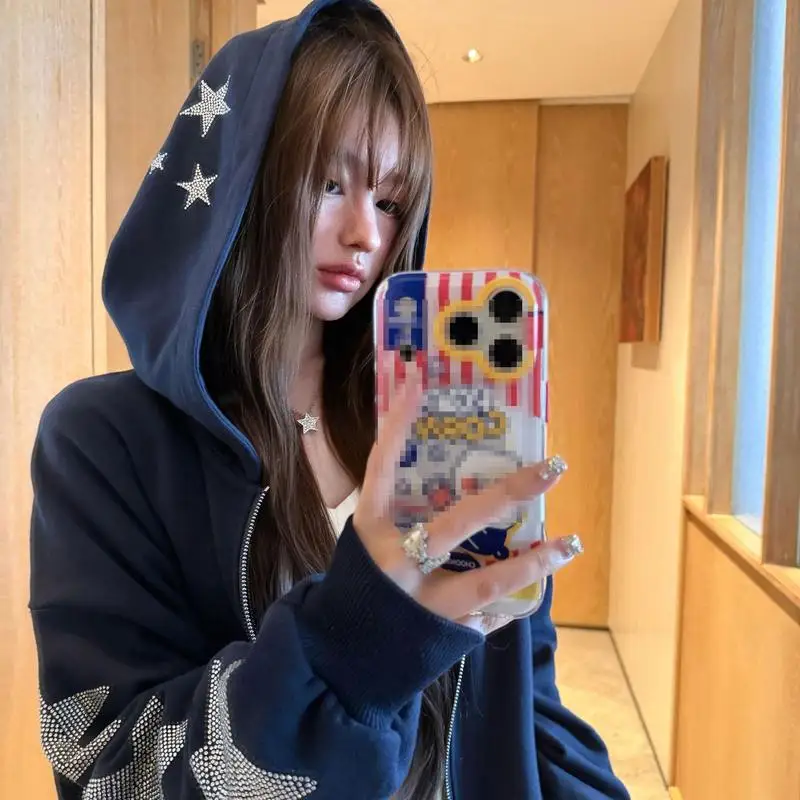 American Y2K Fashion Women's Off Shoulder Jacket Autumn New Style Girls' Hoodie Comfortable and Versatile Youth Tops Trendy