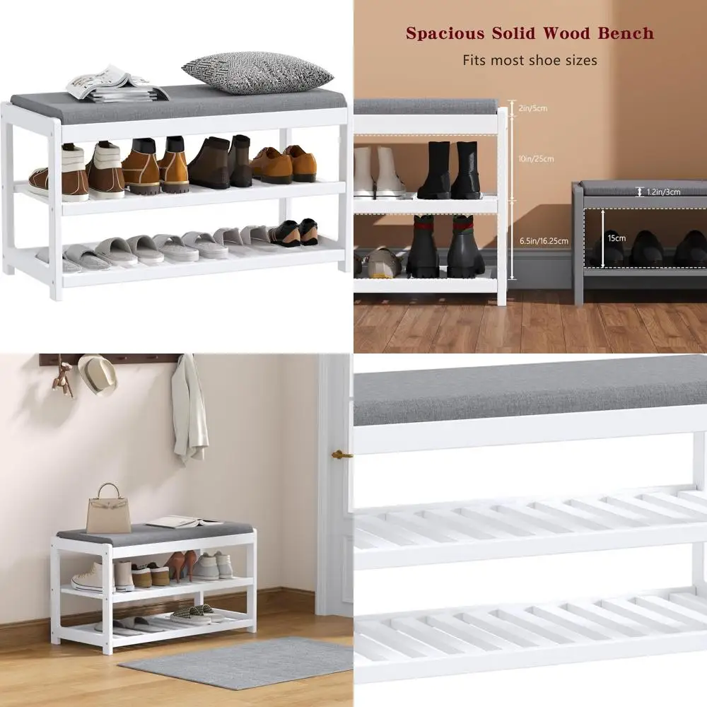 

Solid Wood Shoe Storage Bench with Cushion, 3-Tier Organizer for Entryway, Living Room, Mudroom - White
