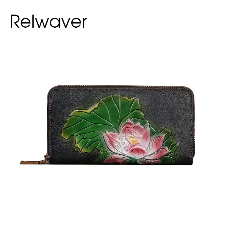 Relwaver cow leather clutch purse 2024 spring summer lotus embossing genuine leather women wallet Chinese style zipper wallet