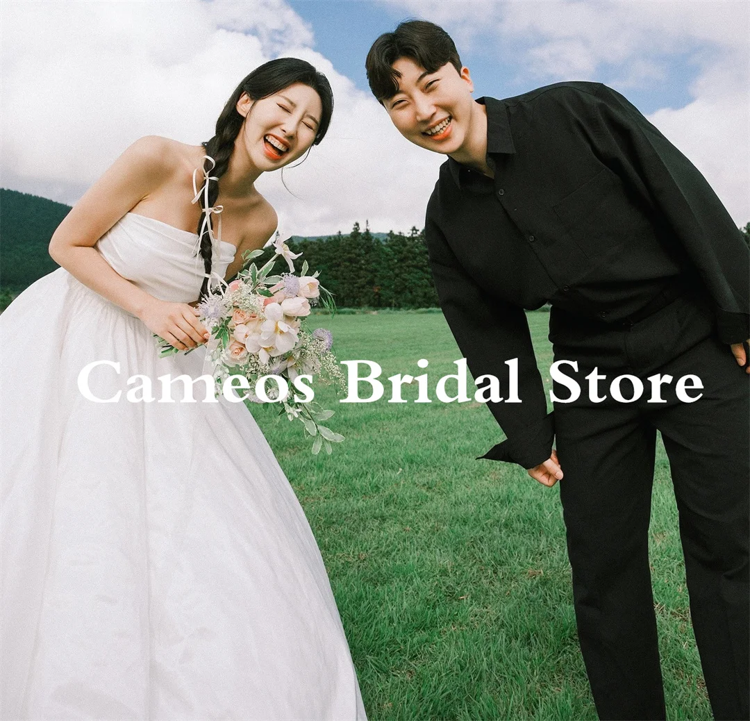 

2023 Strapless Elegant Korea Bride Dresses 웨딩드레스 Wedding Dress A-Line Ruched Ivory Satin Simple Evening Dress Ivory Bridal Gown