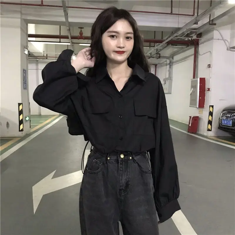 Spring Autumn Women New Clothing Korean Trend Short Drawstring Blouse Long Sleeve Solid Color Loose Shirt Tops Casual Fashion