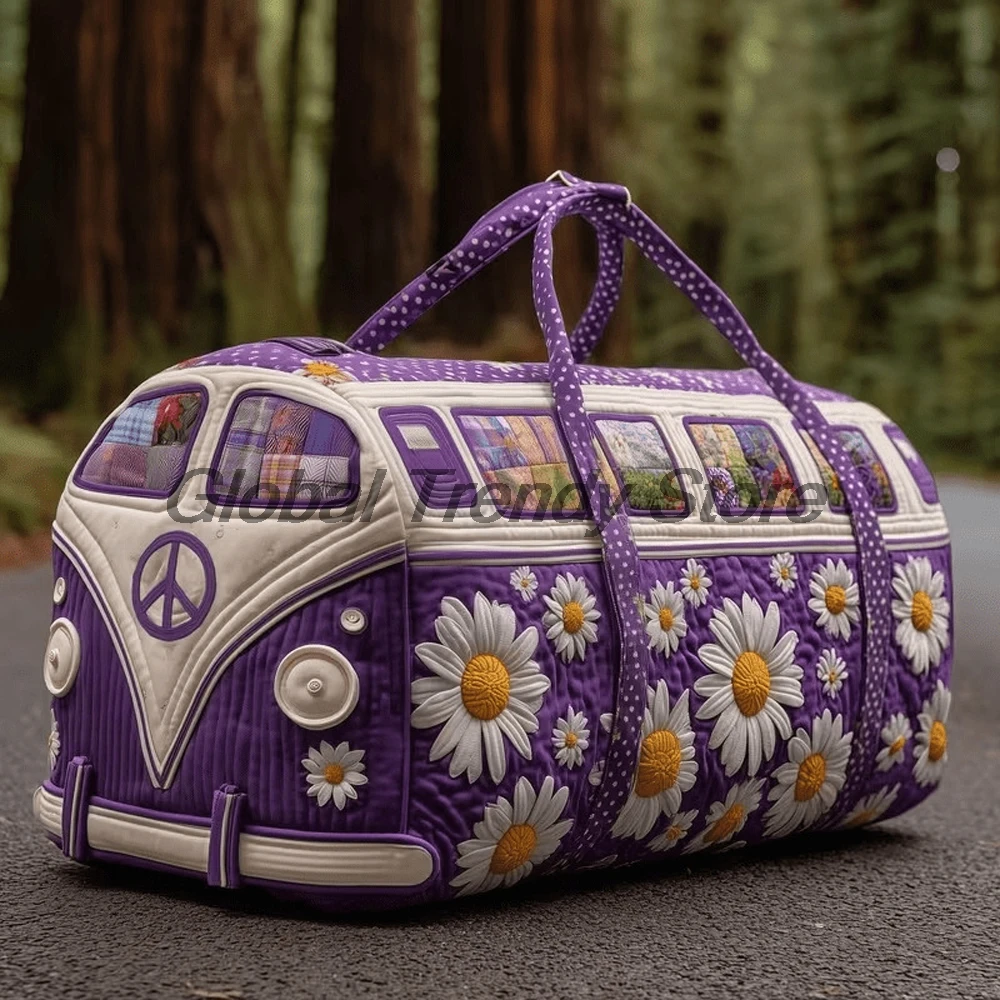 Men's Outdoor Quilted Duffle Bag Floral Peace Bus Print Travel Tote Handbag Women Casual Weekender Bag