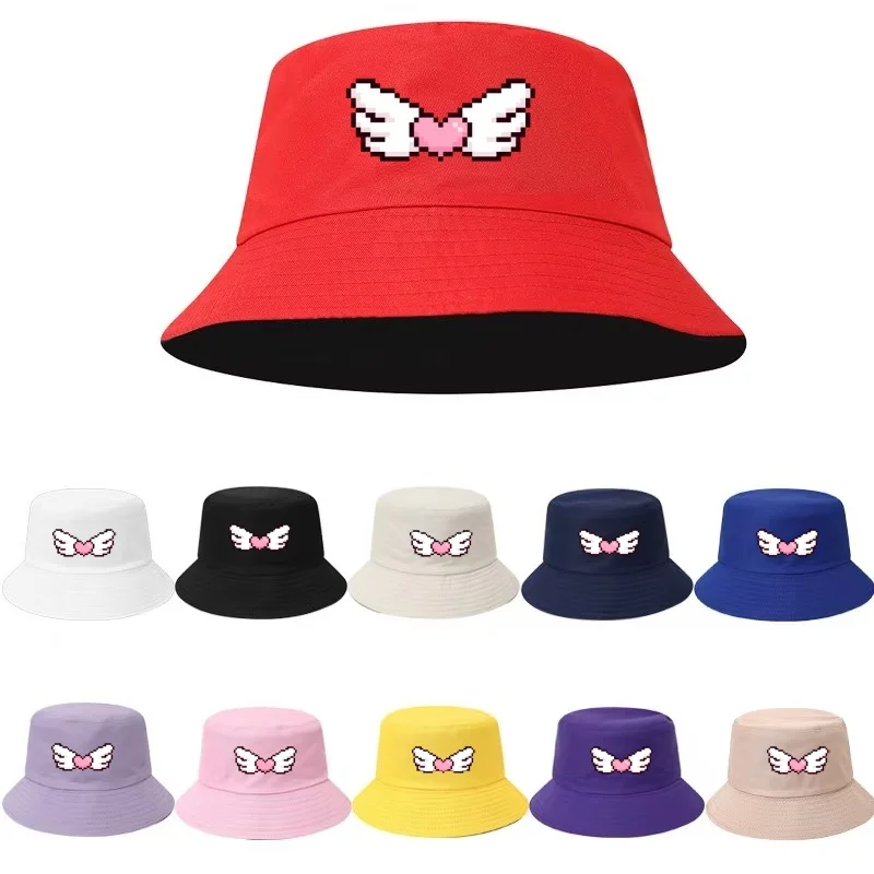 1PC Double Sided Fisherman Hat Cute Angel Wing Heart Print Foldable Outdoor Hat