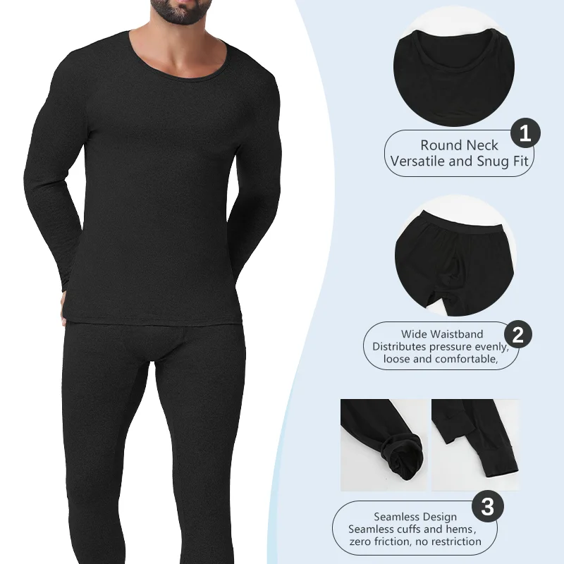 Slimbelle Men's Long Johns Set Winter Thermal Underwear Set Thermo Compression Long Sleeve Top Breathable Round Neck Base Layer
