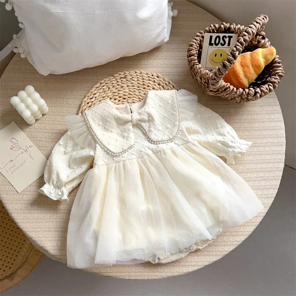 

Spring Ins 2024 Baby Girls Fluffy Dress Cotton Knotbow Collar Long Sleeve Warpped Mesh Infant Girls Rompers Newborn Girl Outfit