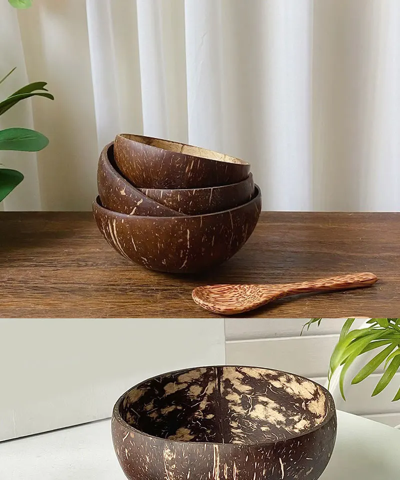 Natürliches Kokosnuss-Schalen-Set Handgefertigtes Holzgeschirr Holzlöffel Dessert-Obst-Salat-Mischschale Ramen-Aufbewahrungsschale Küchengeschirr – Detail 5