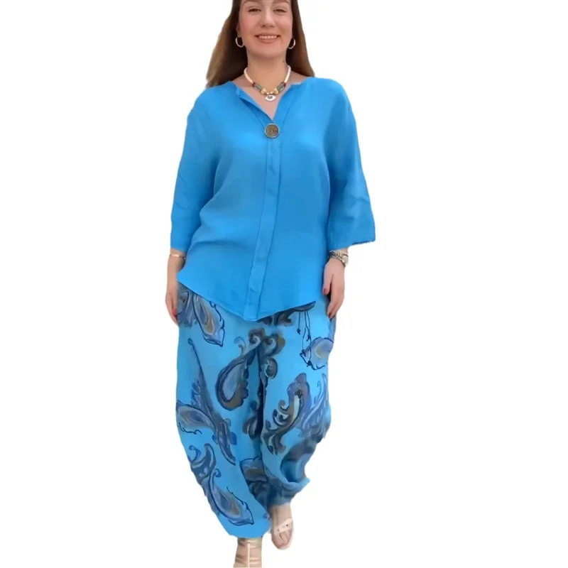 Set di pantaloni da donna in due pezzi Set di pantaloni larghi Casual a maniche lunghe top elegante stampa giuntura pantaloni lunghi a gamba larga elastico in vita autunno