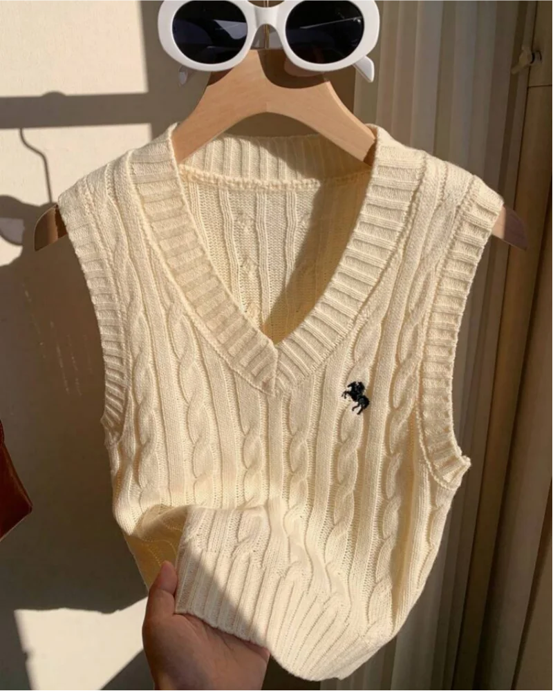 Women's pure color Fried Dough Twists knot V-neck horse logo casual sweater vest for autumn and winter