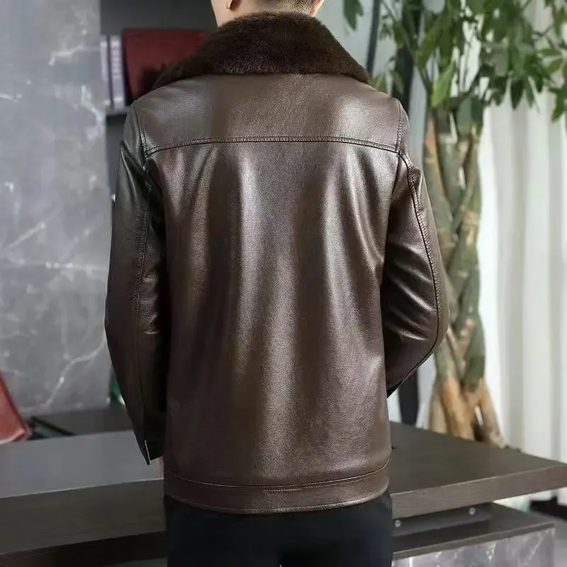 Winter Leather Jacket Fleece Warm PU Leather Coat Men's Long Sleeve Zipper Windproof Outerwear Luxury Motorcycle Jacket Black