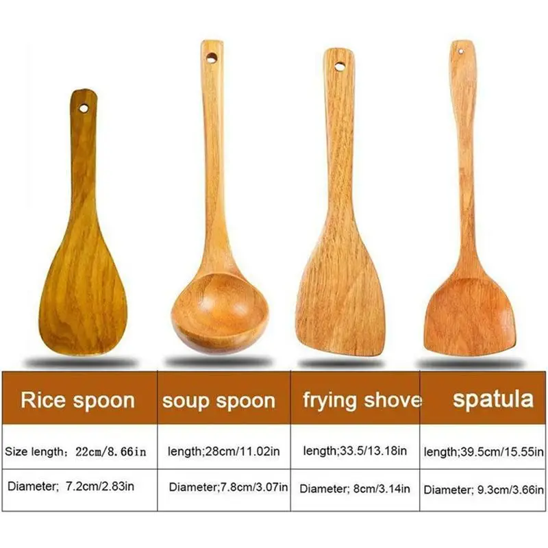 A98E-8Pcs Wooden Shovel Spoon Non Stick Wood Long Rice Spatula Kitchen Cooking Utensil Hand Stir Fry Tools Sets