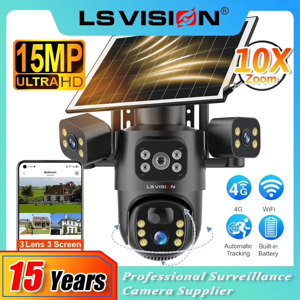 

LS VISION V380 Pro 15MP Solar Camera 4G/Wifi Outdoor 3 Screen 10X Zoom PTZ Cam PIR Human Detect Waterproof CCTV Security Cameras