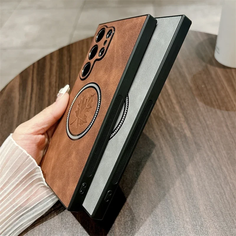 غطاء جلد فاخر غير لامع لهاتف sammagsafe ، حافظة شحن لاسلكية ، نمط أوراق القيقب ، S21 ، S23 FE ، S22 ، S24 Ultra Plus ، Note 20