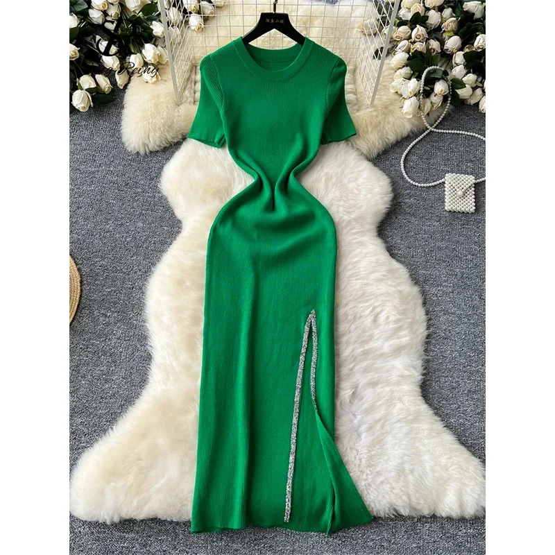 시니어 럭셔리 슬림 드레스 여성용 O넥 바디콘 시퀸 스플릿 시크 디자인 여름 패션 니트 여성 섹시 미디 드레스