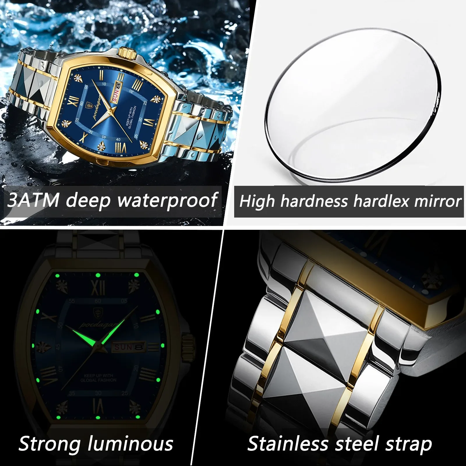 Men\'s Watch Tonneau Case Stainless Steel Watch Quartz Wristwatch Date Week Luminous Waterproof Man Clock Jam Tanggan Lelaki