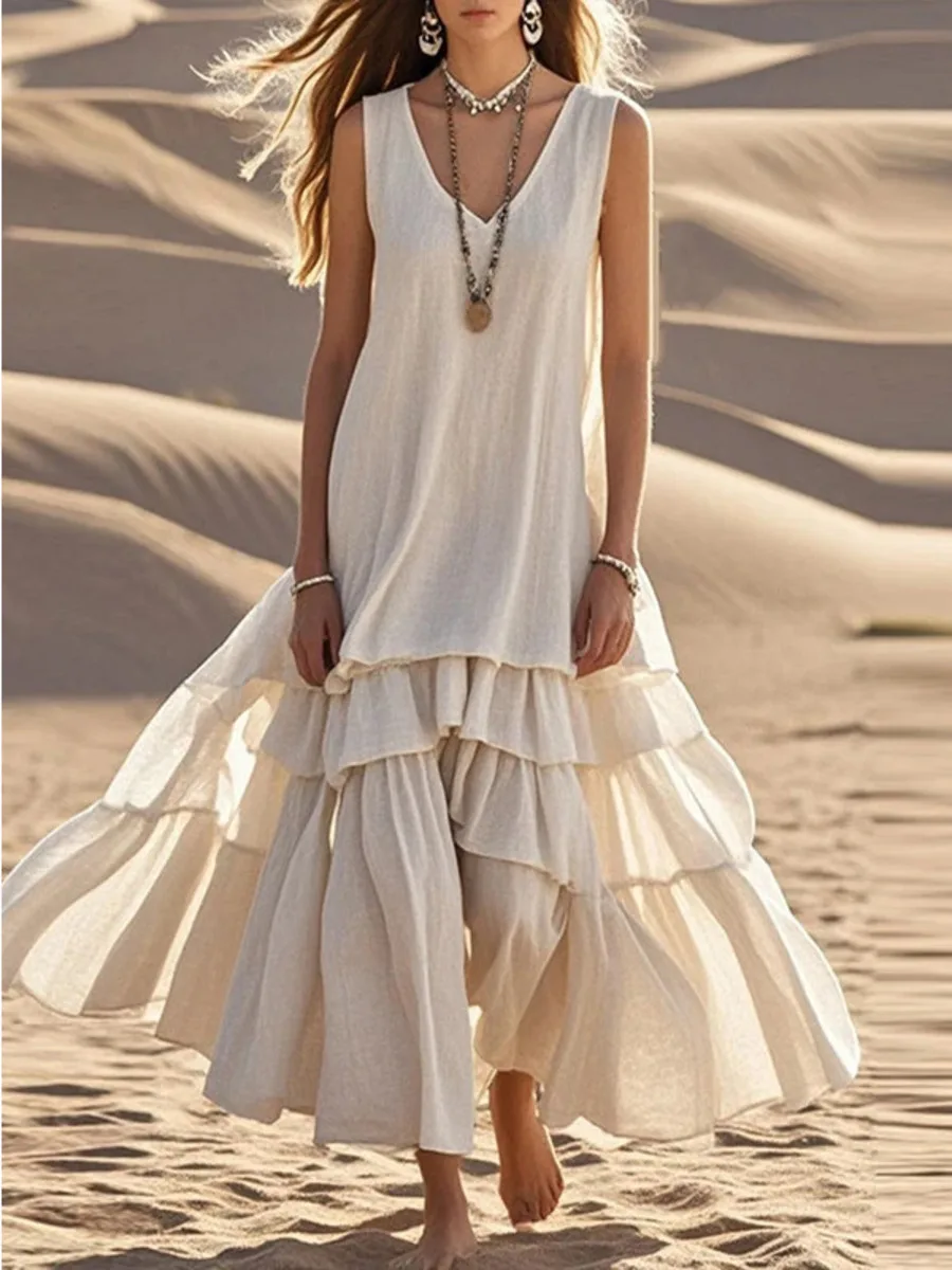 Retro Solid Cotton Linen Pleated Long Dress Woman Spring Fashion V Neck Loose Maxi Dress Summer Sleeveless Tank Boho Beach ZSA8