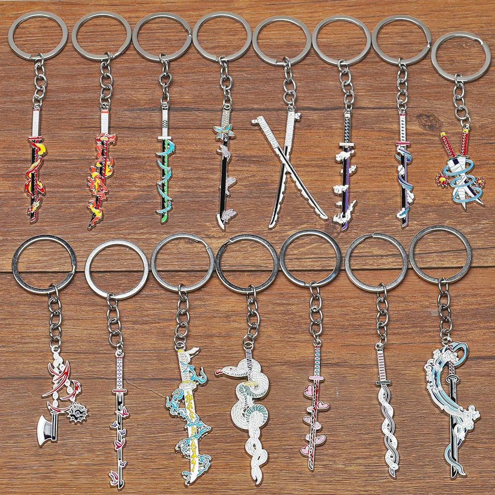 Anime quente kimetsu não yaiba chaveiro figura dos desenhos animados temático emblema mini arma pingente esmalte chaveiro cosplay lembrança jóias presente