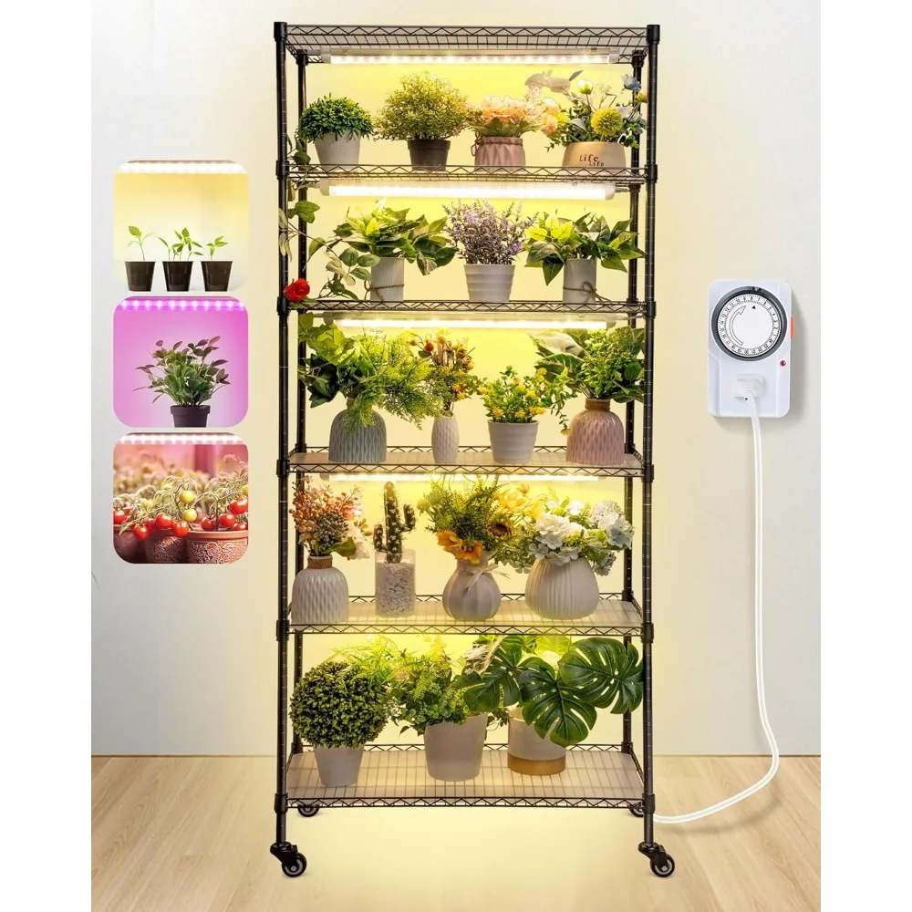 

6 TierPlant Shelf with Grow Lights & PP Waterproof Pads, Indoor Greenhouse with 90W LED Full Spectrum Growing Lamps & Timer