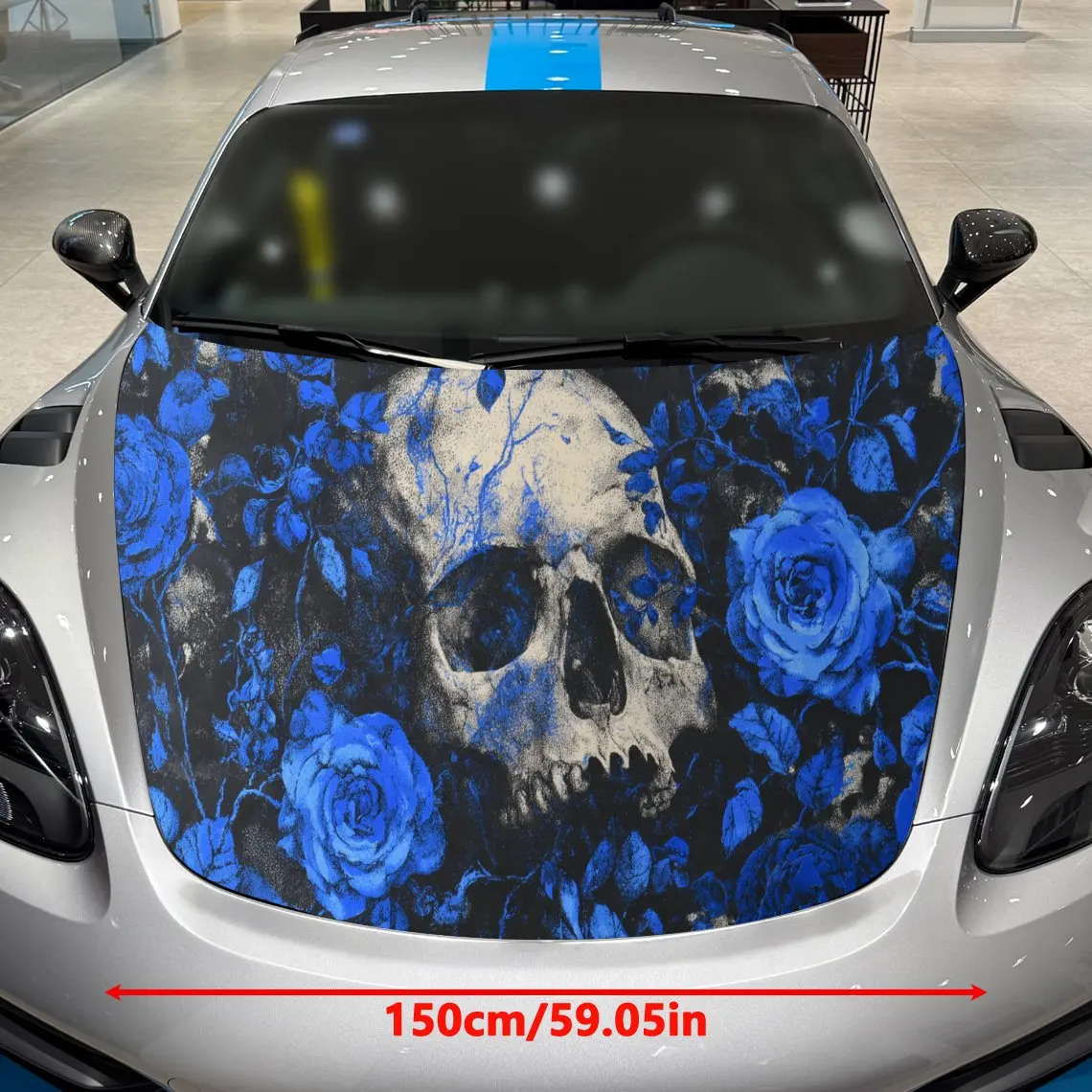 Car Decal Dark Fantasy Blue Skull & Rose Artwork for Car Hood Sticker, Waterproof Self - Adhesive PVC Graphics Decals, Decorativ