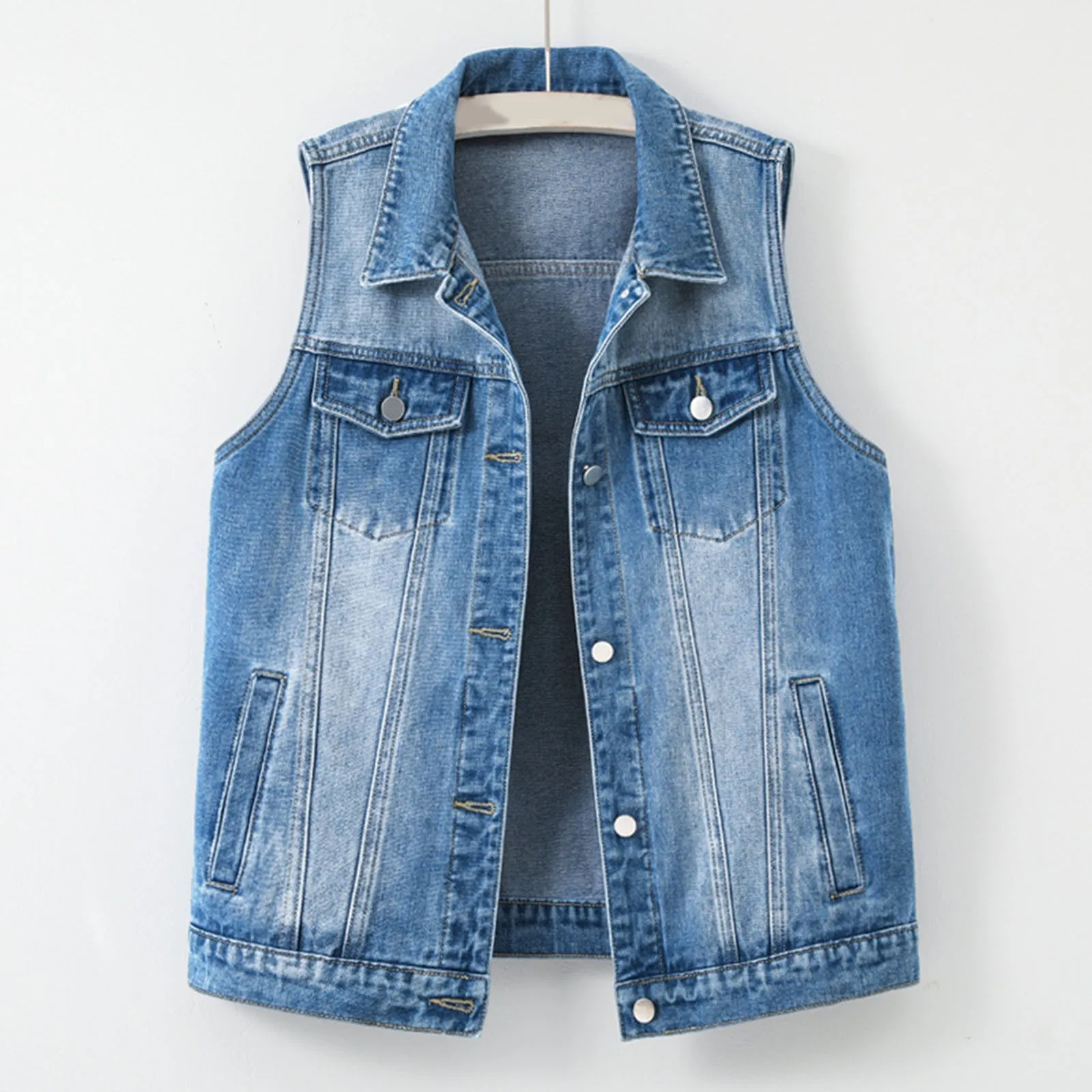 

Niche Design Fashion Denim Vests Loose Denim Coats Turn Down Collar Sleeveless Button Down Casual Jean Jackets With Pockets