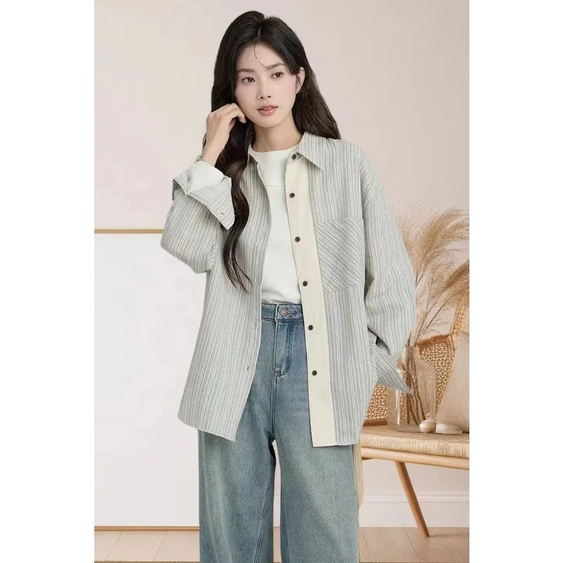 

Gray Distressed Striped Shirt Women's Loose Long Sleeve Patchwork Shirt Jacket Contrast Color Top