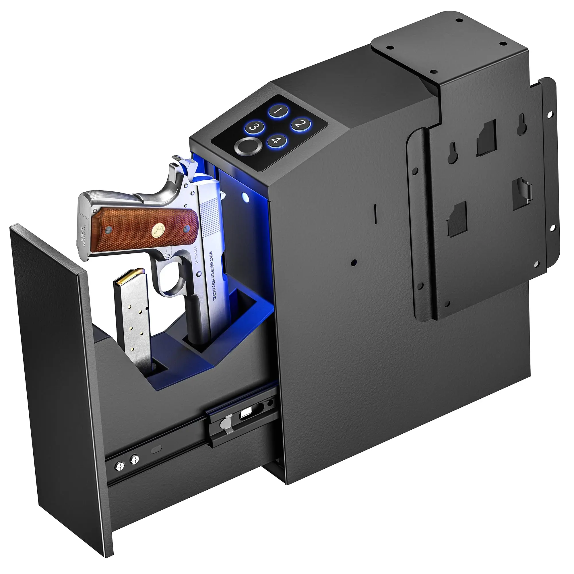

Slider Biometric Full Size Hnadgun Safe Auto Sliding Gun Lock Box For Pistol With Fingerprint Pin Code Key Access For Nightstand