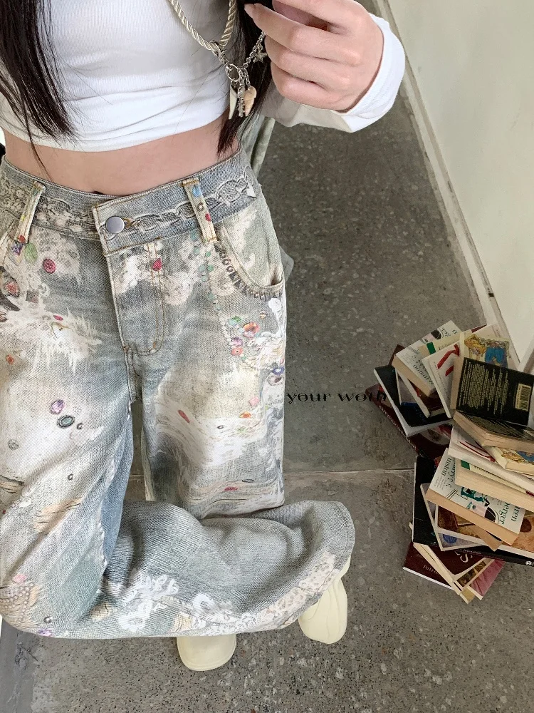 2024 Punk Y2K Style Rhinestone 3D Print Baggy Old Jeans Pants For Women 90S Vintage Clothes Wide Leg Distressed Lady Trousers